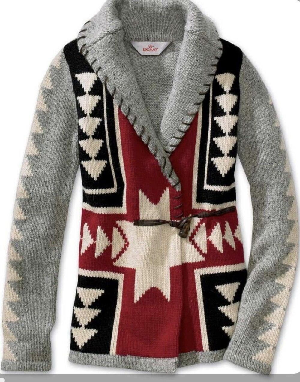 King Ranch Women's Western Wool Shawl Cardigan Sweater Large Aztec Ranch